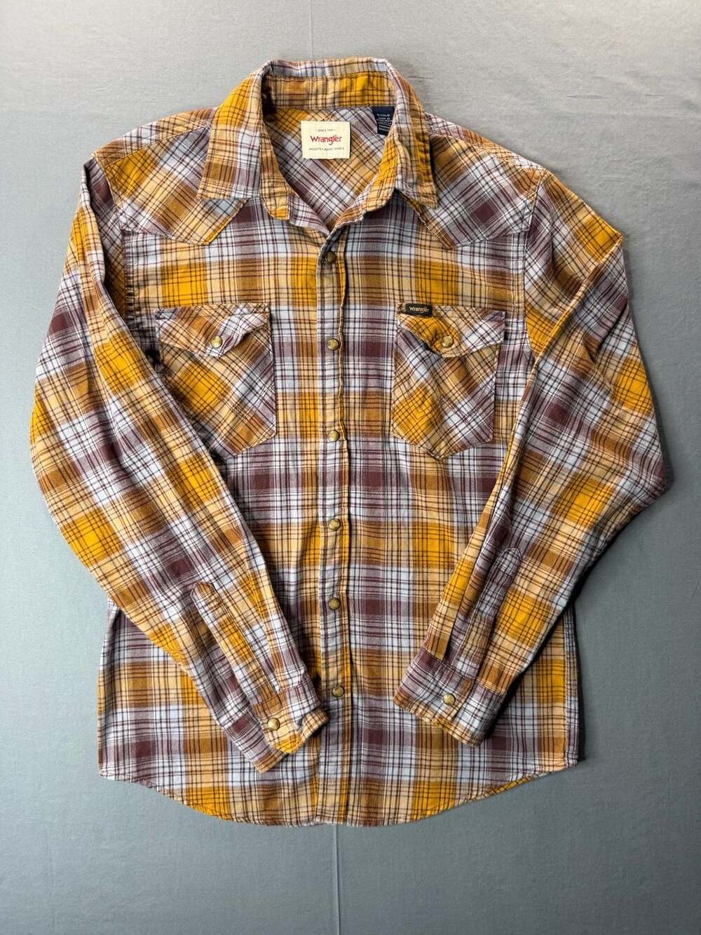 Wrangler Men's Yellow Brown Plaid Western Pearl Snap Long Sleeve Shirt Size S